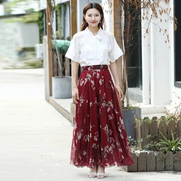 Floral Chiffon Circle Women High Waist Maxi Skirt Relaxed Lightweight Chic Skirt - Picture 3 of 9